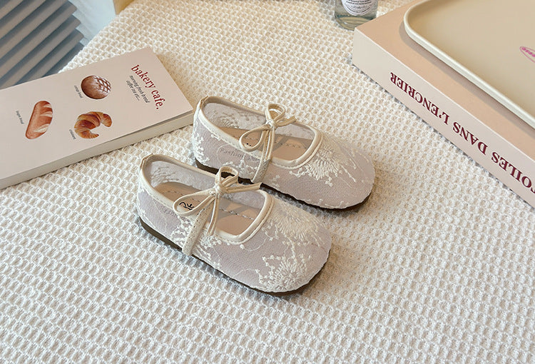 Girls Lace Bow Ballet Flats – Elastic Strap Dress Shoes & Backless Slippers