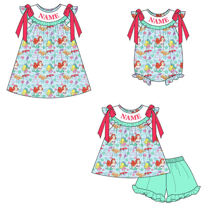 Summer Girls Mermaid Custom Name Smocked Embroidery Set Collection