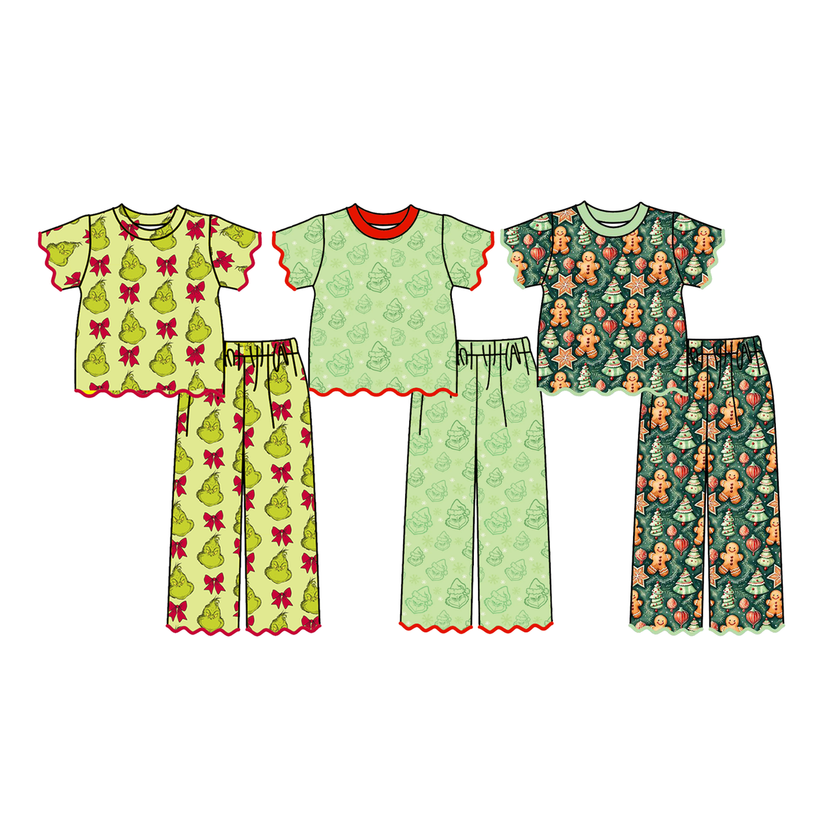 Girls Christmas Pajama Set – Holiday Character & Gingerbread Print Scallop Two-Piece Outfit