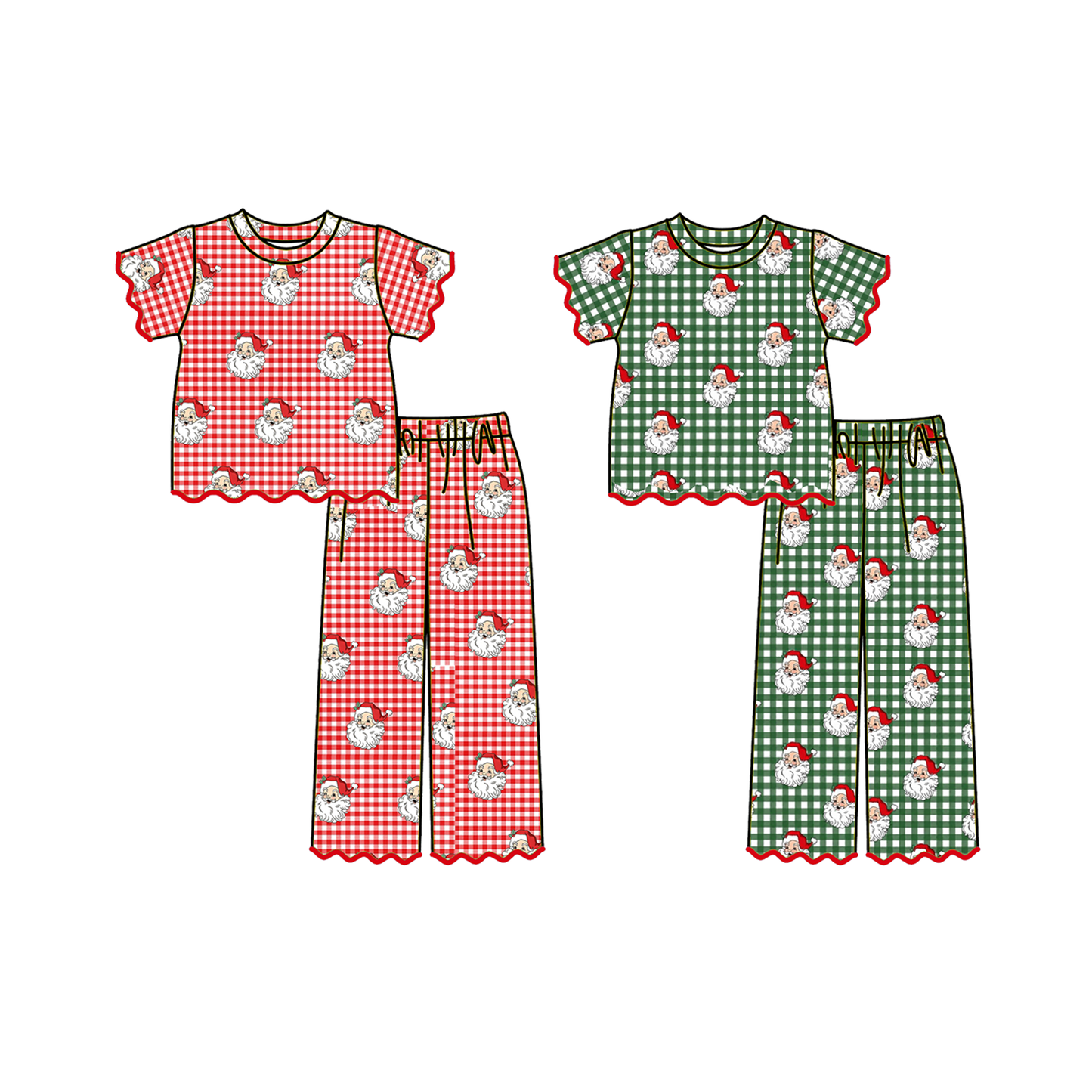 Girls Christmas Santa Gingham Scallop Pant Set – Holiday Two-Piece Outfit