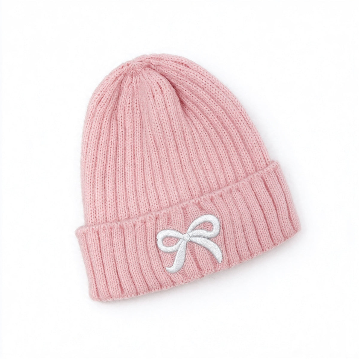 Girls Bow Embroidered Knit Beanie – Ribbed Cuffed Winter Hat, Ages 3–10