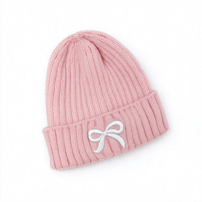 Girls Bow Embroidered Knit Beanie – Ribbed Cuffed Winter Hat, Ages 3–10