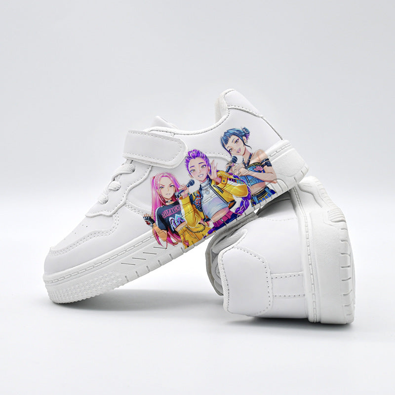 K-Pop Demon Hunter Girl Print Kids Velcro Sneakers Casual White Shoes