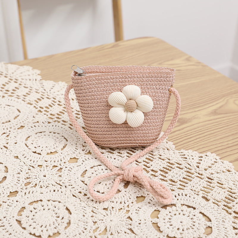 Kids Straw Sun Hat & Woven Bag Set Spring Summer Foldable Beach Hat Floral Button Detail