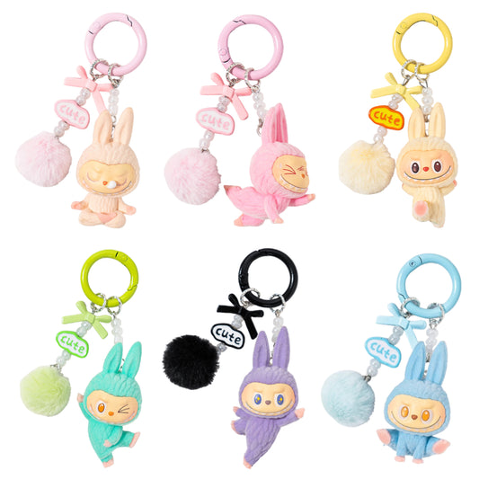 Flocked Labubu Yoga Figure Keychain – Cute Cartoon Phone Charm & Bag Accessory