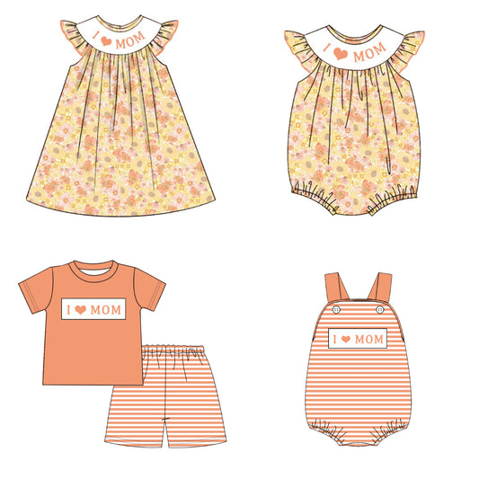Kids Fall I LOVE MAMA Embroidery Orange Floral Sibling Clothes