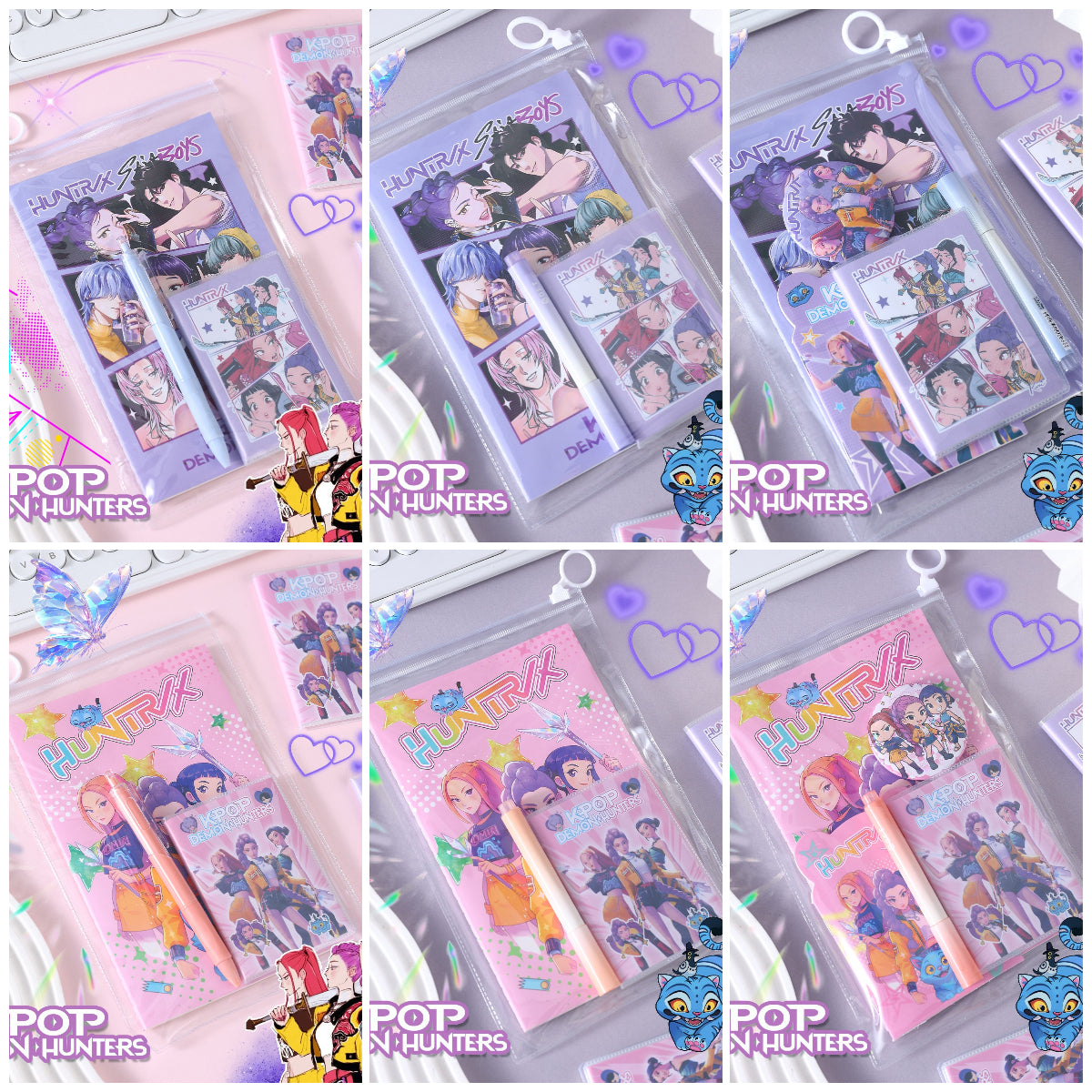 K-POP Demon Hunter Girl Group Stationery Set Notebook, Click Pen, Highlighter & Zipper Pouch for School or Office