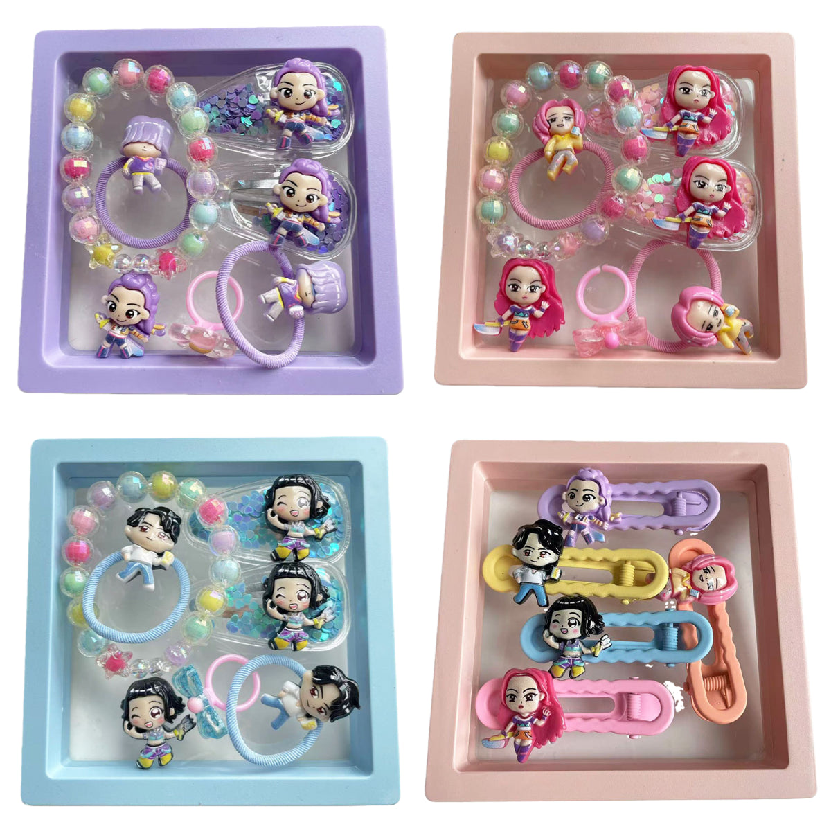 K-Pop Demon Hunters Cartoon Jewelry Gift Set Beaded Bracelet, Hair Tie, Plastic Ring, Hair Clip & Charm Box