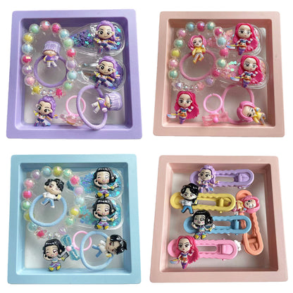 K-Pop Demon Hunters Cartoon Jewelry Gift Set Beaded Bracelet, Hair Tie, Plastic Ring, Hair Clip & Charm Box