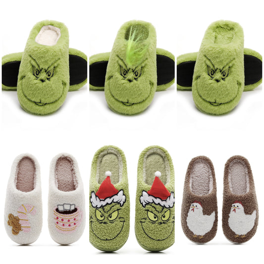 2025 Christmas Grinch Gingerbread Farm Chicken Plush Slippers Unisex Winter Cotton Home Slippers