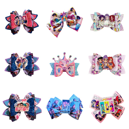 Kids K-Pop Demon Hunter Glitter Bow Hair Clips, Cute Cartoon Character Barrettes