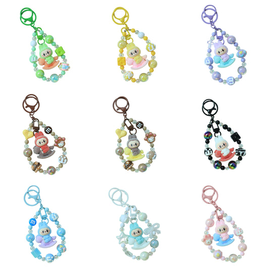 Flocked Labubu Keychain Rocking Horse Character Bag Charm Pendant with Chain