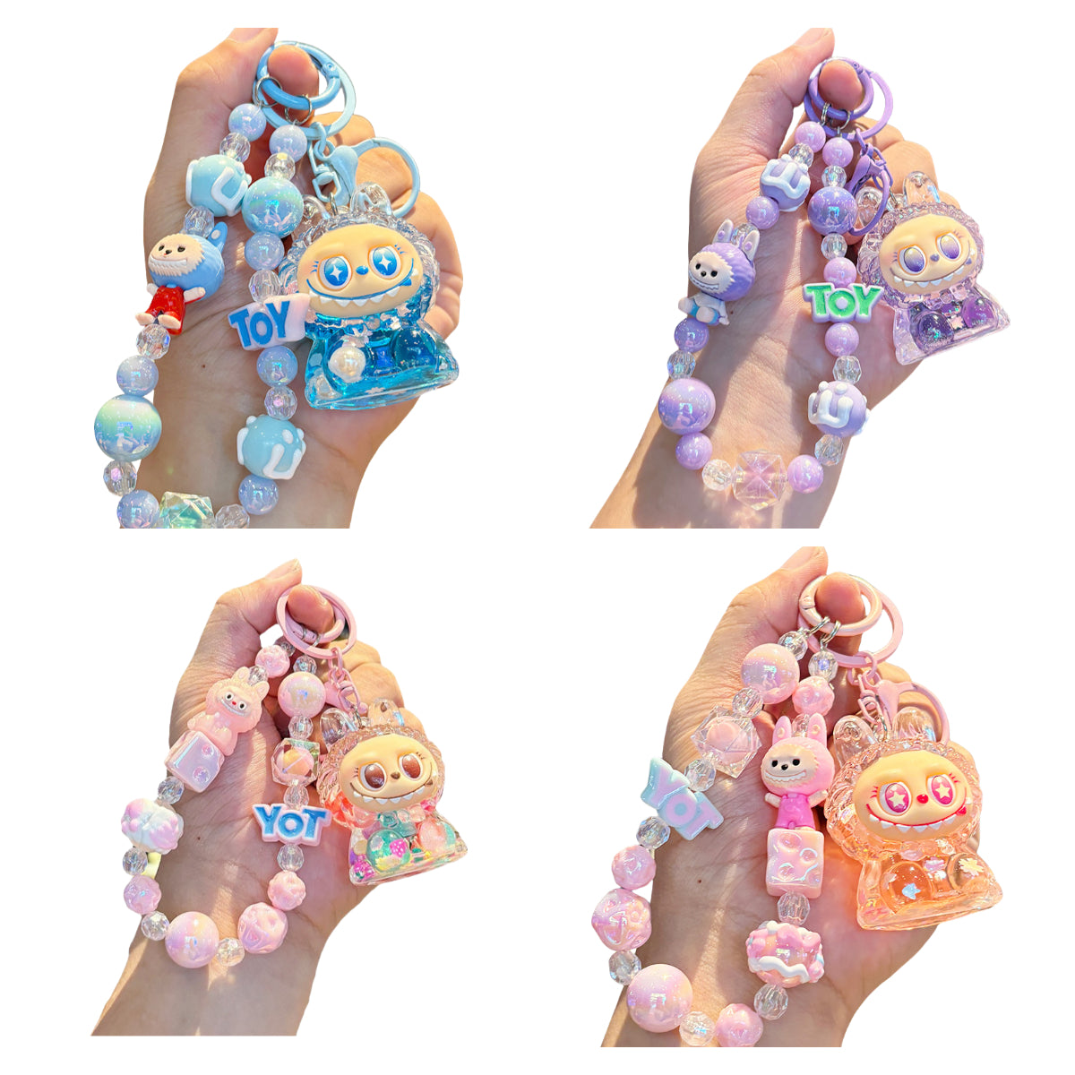 Labubu Sitting Keychain Cute Vinyl Figure Charm with Beaded Chain for Keys or Bag