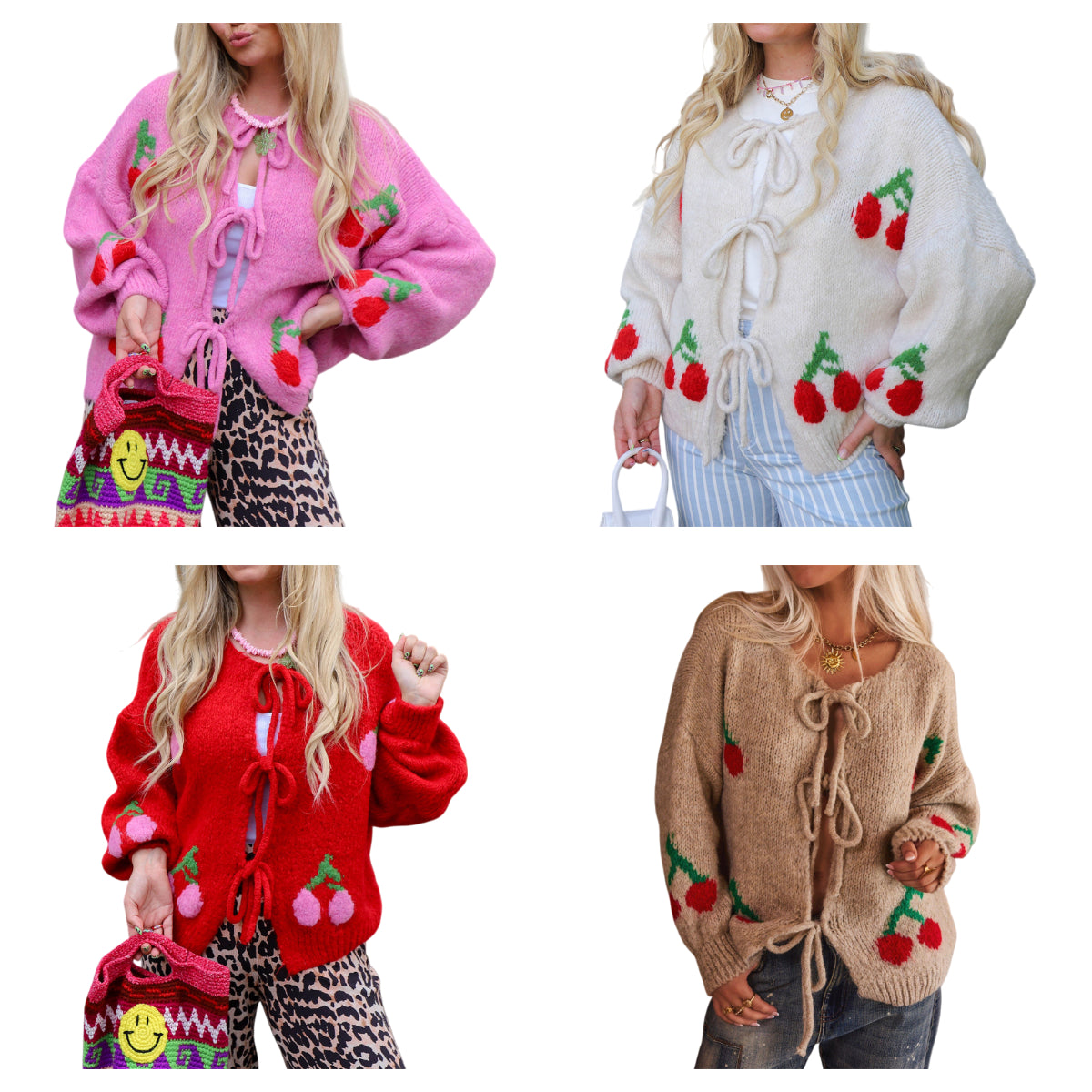 2026 Spring Cherry Embroidered Jacquard Knit Cardigan with Tie Front for Women