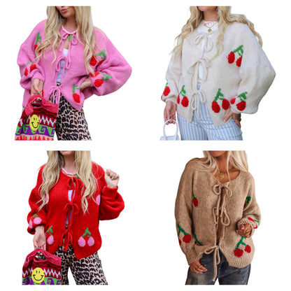 2026 Spring Cherry Embroidered Jacquard Knit Cardigan with Tie Front for Women