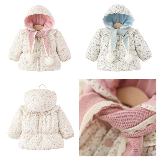 Baby Girls Winter Padded Coat Hooded Floral Jacket with Scarf Thick Warm Cotton Jacket
