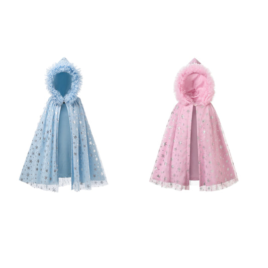 Girls Winter Princess Hooded Cape – Sparkly Snowflake Cloak Coat for Dress Up & Parties