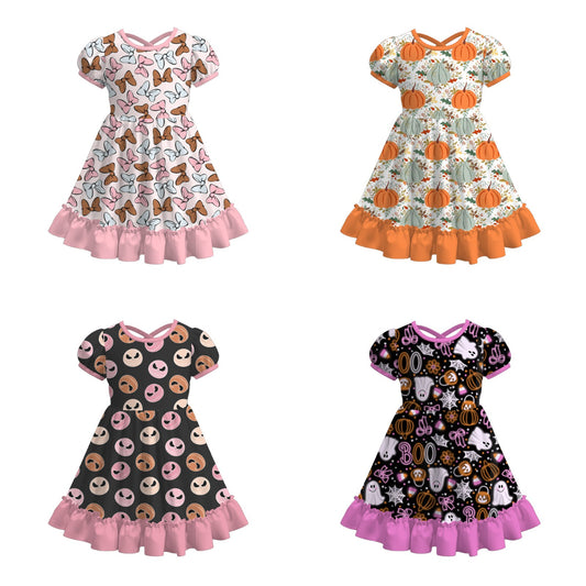 Girls Fall Halloween Butterfly Pumpkin Ghost Print Ruffled Dress