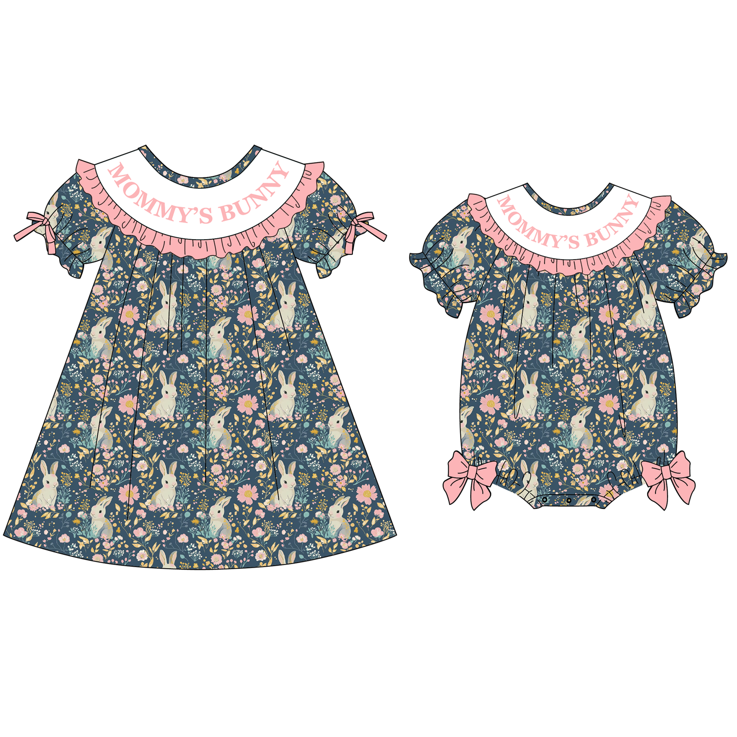 Easter Summer Floral MOMMY'S BUNNY Embroidery Smock Dress & Romper