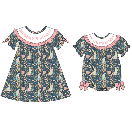 Easter Summer Floral MOMMY'S BUNNY Embroidery Smock Dress & Romper
