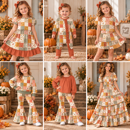 Fall Patchwork Floral Family Matching Collection – Girls Dress, Romper, Skirt & Flare Pant Sets, Women’s Maxi Dress