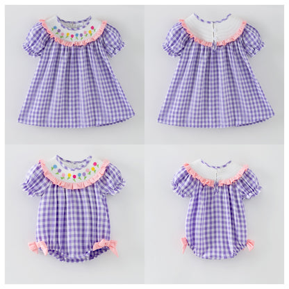 Spring Lavender Plaid Flower Embroidery Smock Dress