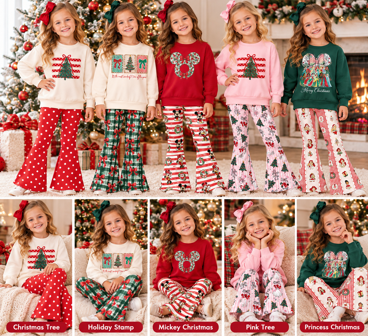 Girls Christmas Printed Sweatshirt & Flare Pants Set – Holiday Long Sleeve Two-Piece Outfit