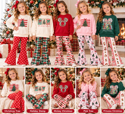 Girls Christmas Printed Sweatshirt & Flare Pants Set – Holiday Long Sleeve Two-Piece Outfit