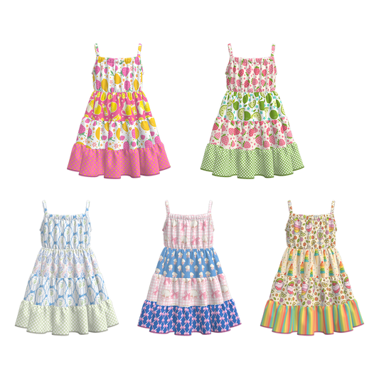 Toddler Girls Summer Fruit Bow Print Patchwork Slip Dress