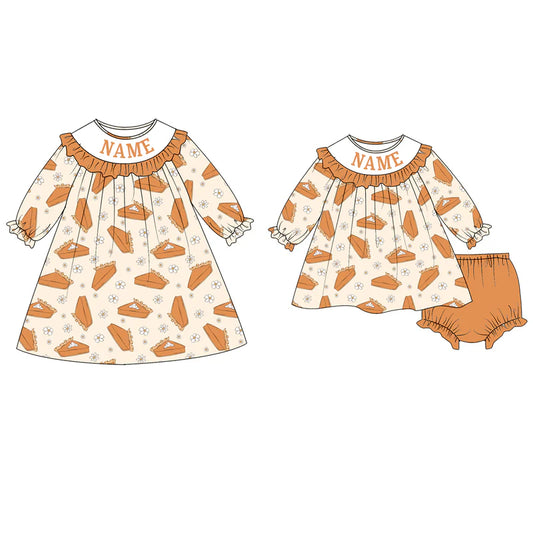 Girls Fall Thanksgiving Cake Smocked Embroidery Custom Name Dress & Baby Set