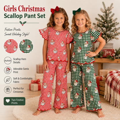 Girls Christmas Santa Gingham Scallop Pant Set – Holiday Two-Piece Outfit