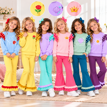 Girls Fall Winter Printed Ruffle Sweatshirt & Flare Pants Set – Cute Character Inspired Two-Piece Outfit