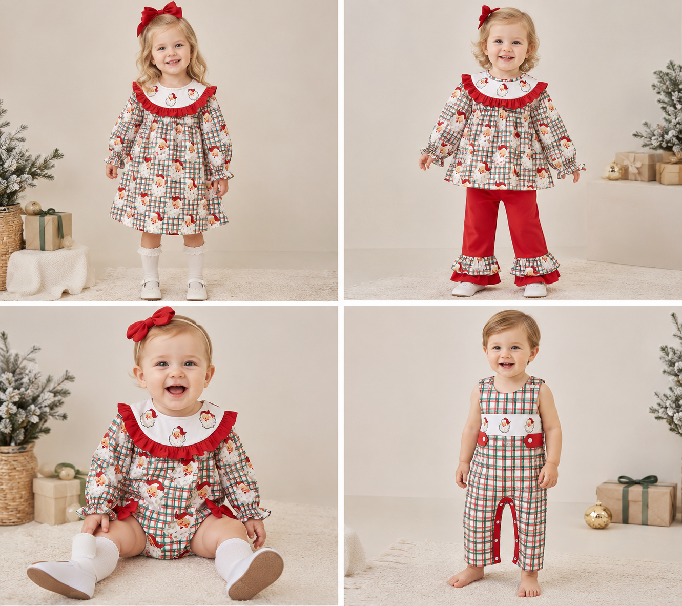 Christmas Santa Smocked Embroidery Sibling Matching Outfits
