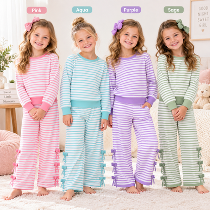 Girls Striped Bow Wide-Leg Pants Set – Long Sleeve Top & Side Bow Pants
