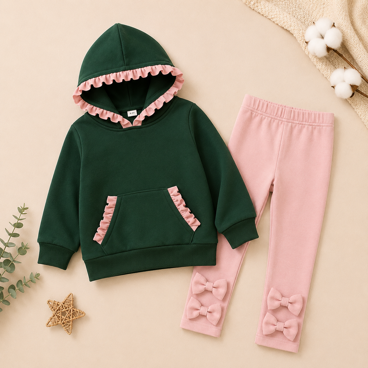 Girls’ Fall Ruffle Hoodie & Bow Leggings Set – Boutique Two-Piece Outfit