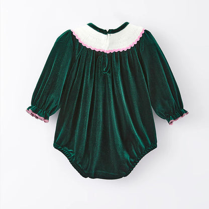 Girls Christmas Green Red Reindeer Santa Embroidery Dress Romper
