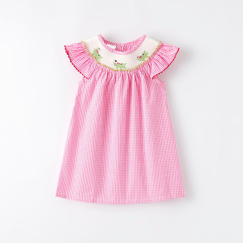 Girls Summer Pink Plaid Crocodile Embroidered Smocked Dress