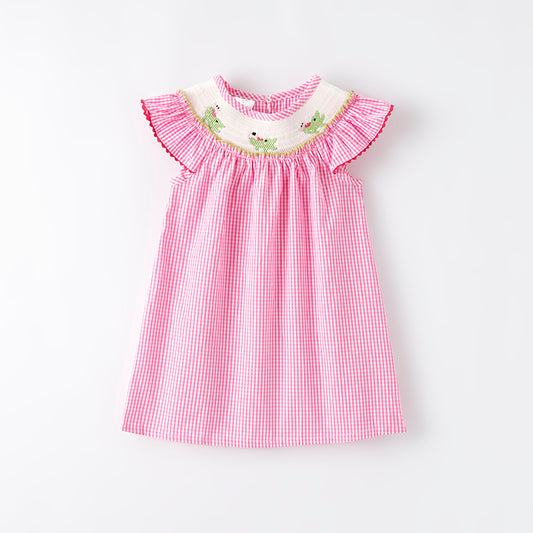 Girls Summer Pink Plaid Crocodile Embroidered Smocked Dress