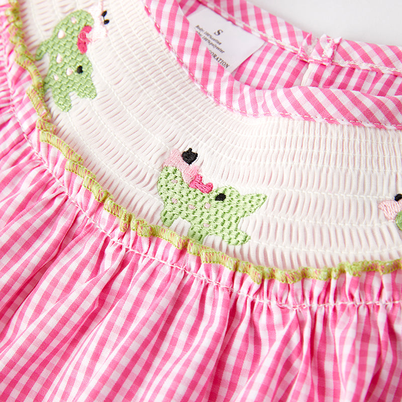Girls Summer Pink Plaid Crocodile Embroidered Smocked Dress
