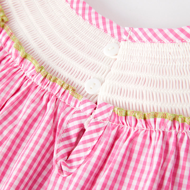 Girls Summer Pink Plaid Crocodile Embroidered Smocked Dress