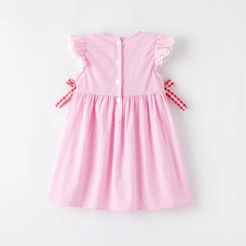 Girls Back To School Pink Stripes Apple Applique Dress