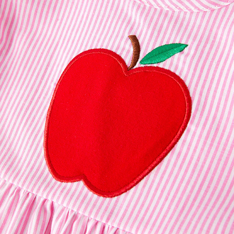Girls Back To School Pink Stripes Apple Applique Dress
