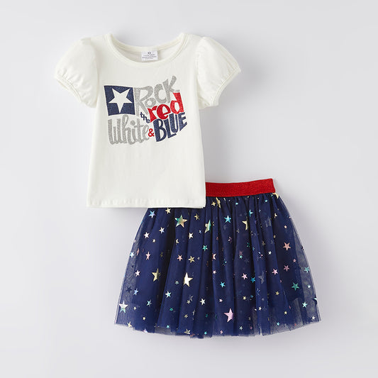 Girls 4th Of July White Blue Red Star Tutu Skirt Set