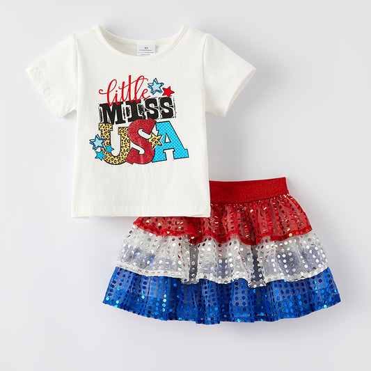 Girls 4th Of July "LITTLE MISS USA" Sequins Skirt Set