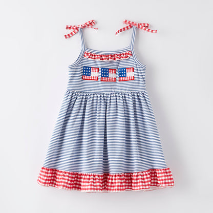 Girls 4th Of July Blue Stripes Flag Embroidered Slip Dress