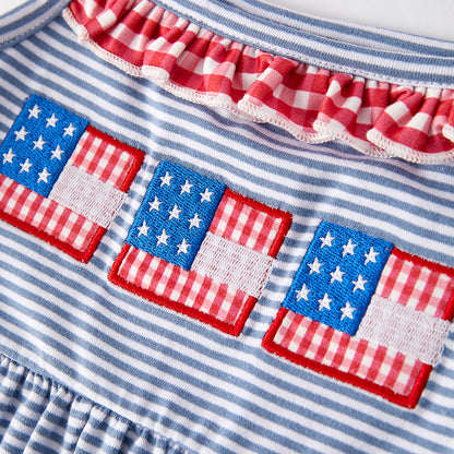 Girls 4th Of July Blue Stripes Flag Embroidered Slip Dress