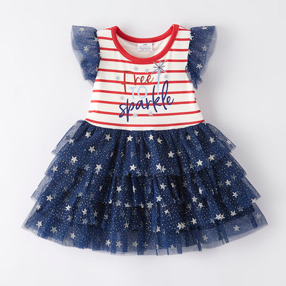 Girls 4th Of July FREE TO SPARKLE Blue Star Tulle Dress