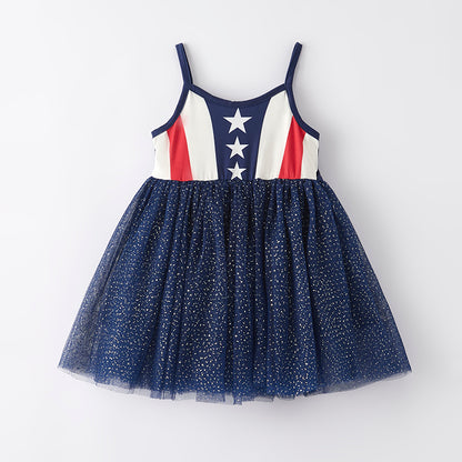 Girls 4th Of July Red Blue Star Tulle Slip Dress