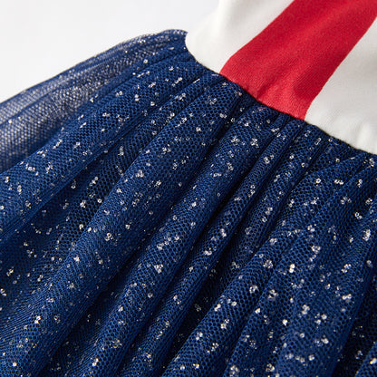 Girls 4th Of July Red Blue Star Tulle Slip Dress
