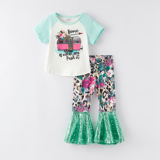 Girls Summer "HOME IS WHERE YOU PARK IT'Sequin Bell Pant Set